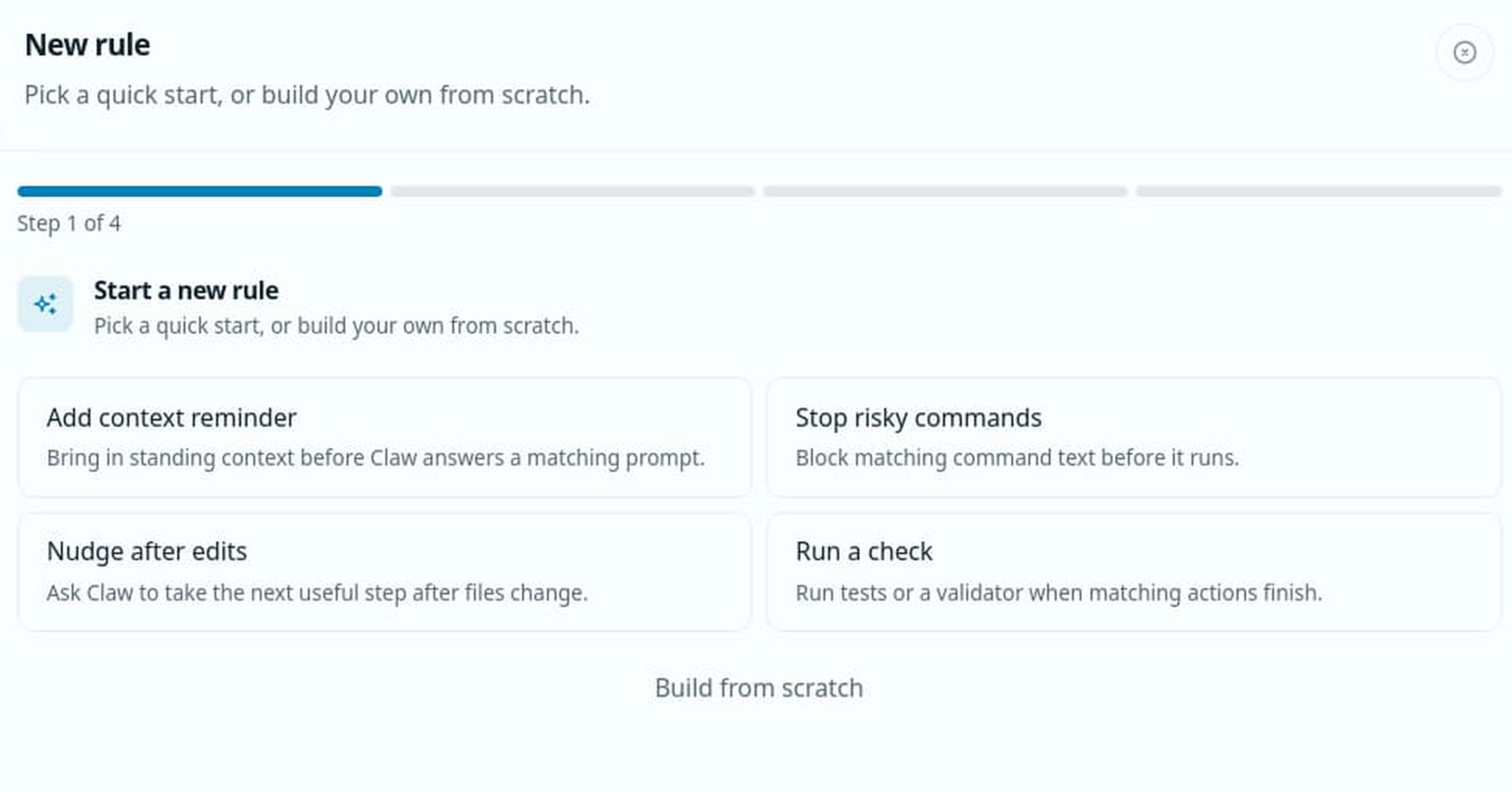 Msty Go new rule screen showing quick starts for context reminders, risky commands, post-edit follow-ups, and checks