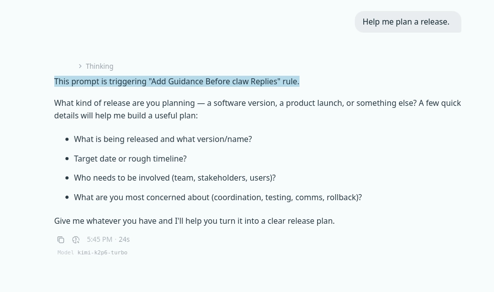 Msty Go applying a guidance rule before responding to a release planning prompt