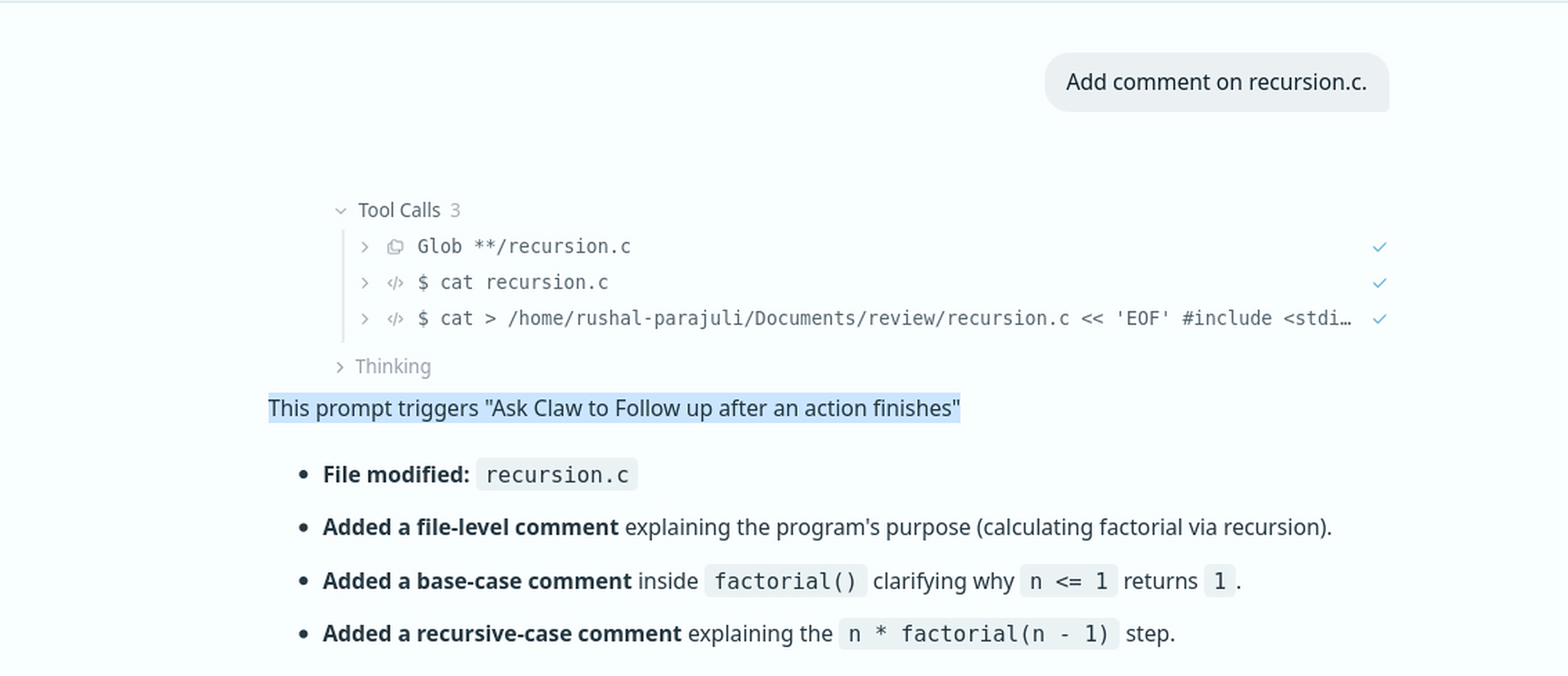 Msty Go reviewing and summarizing a source file after completing an edit