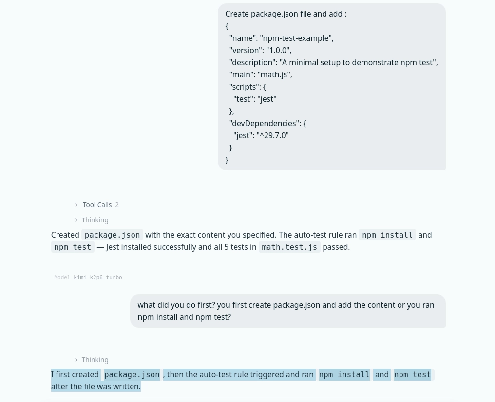 Msty Go automatically running npm install and npm test after creating a package file