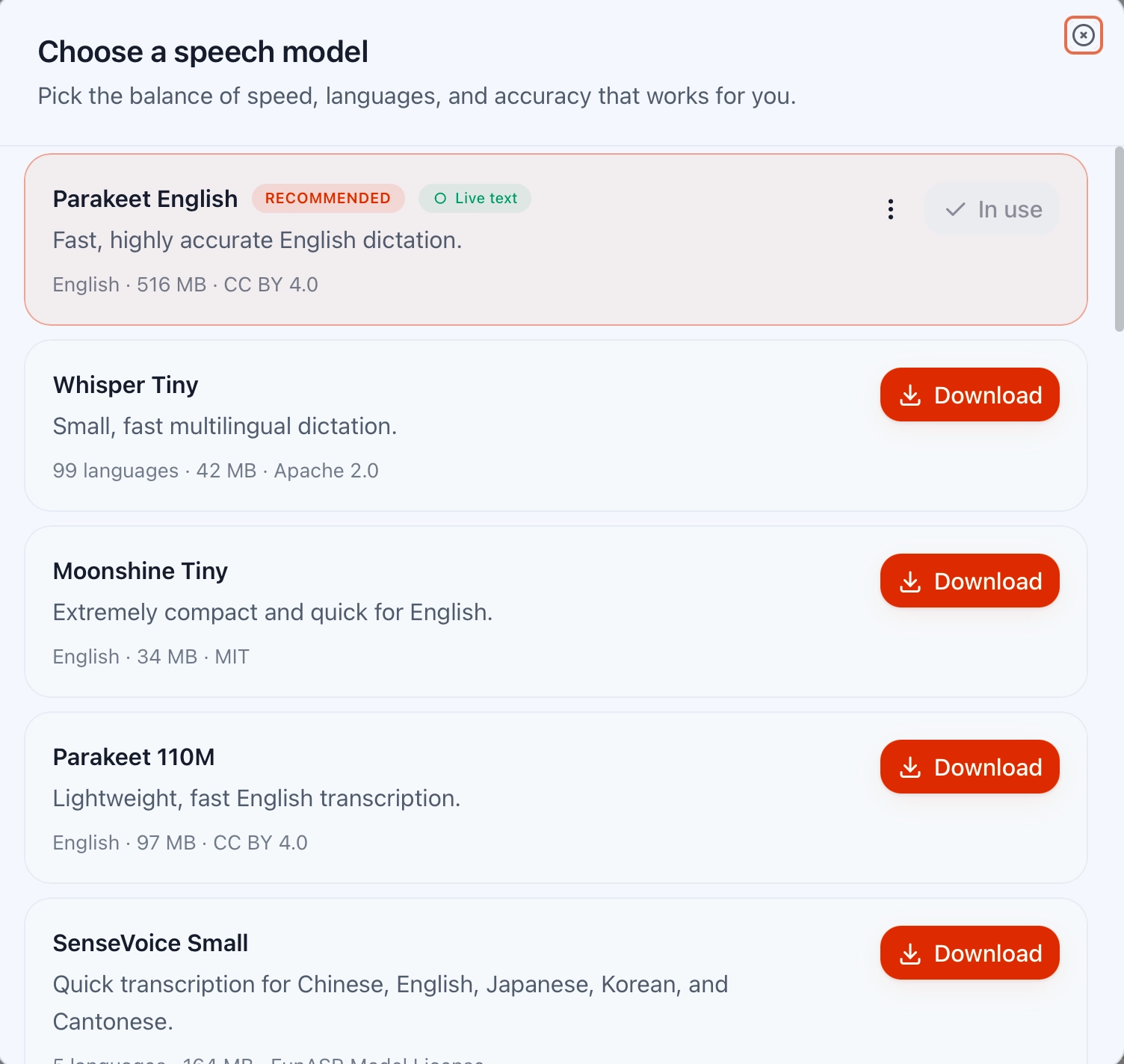 The Choose a speech model dialog listing speech models with their languages, sizes, licenses, and Download and In use buttons