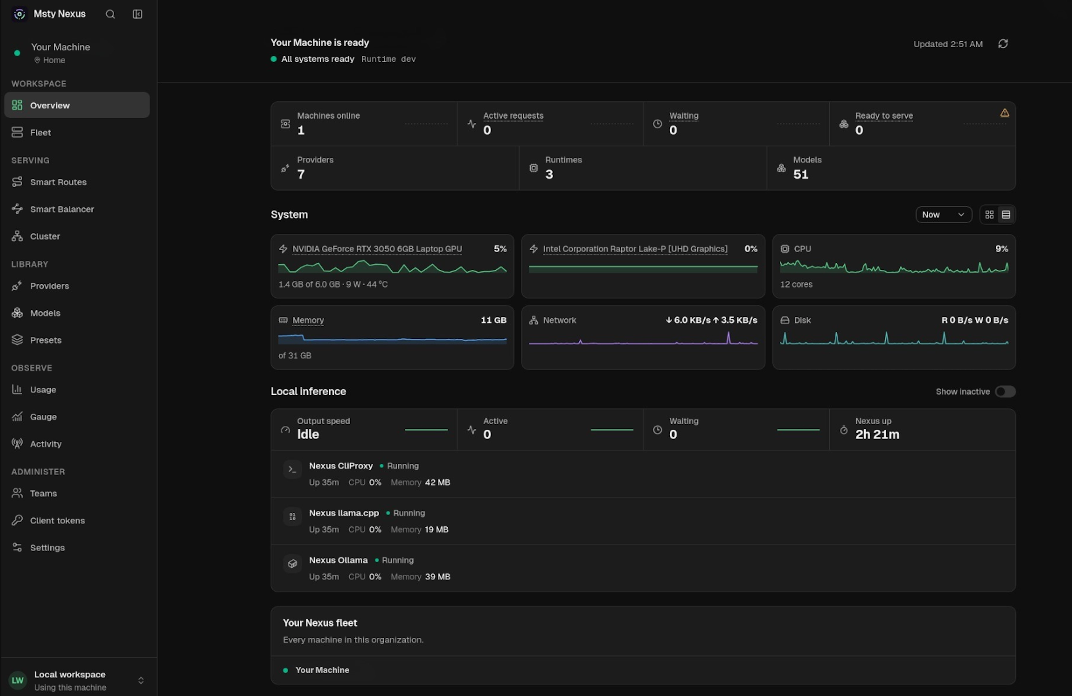 Nexus Console overview showing the workspace layout with Overview, Providers and Models, Routes, and Usage pages