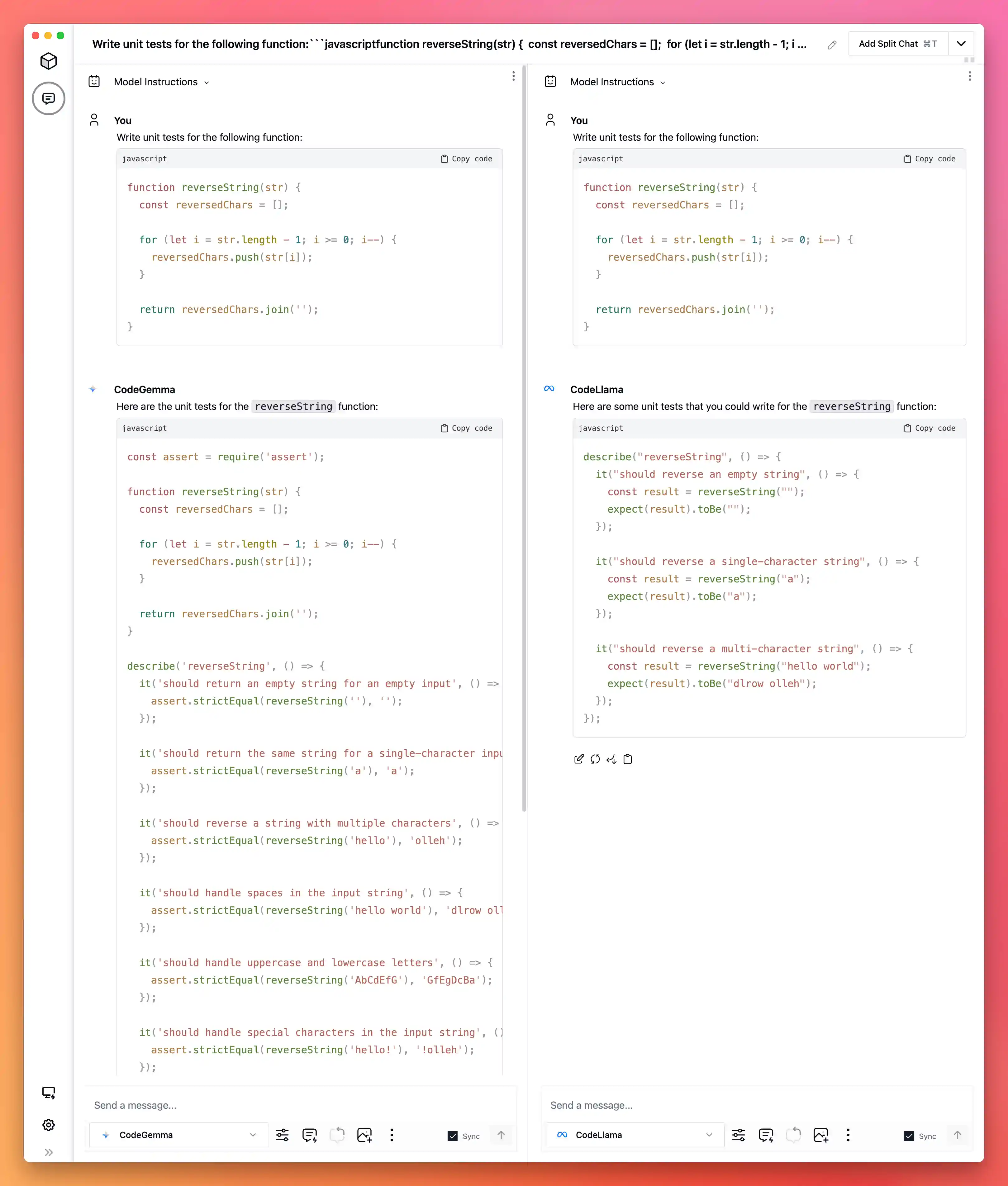 Model output comparisons for CodeGemma and CodeLlama