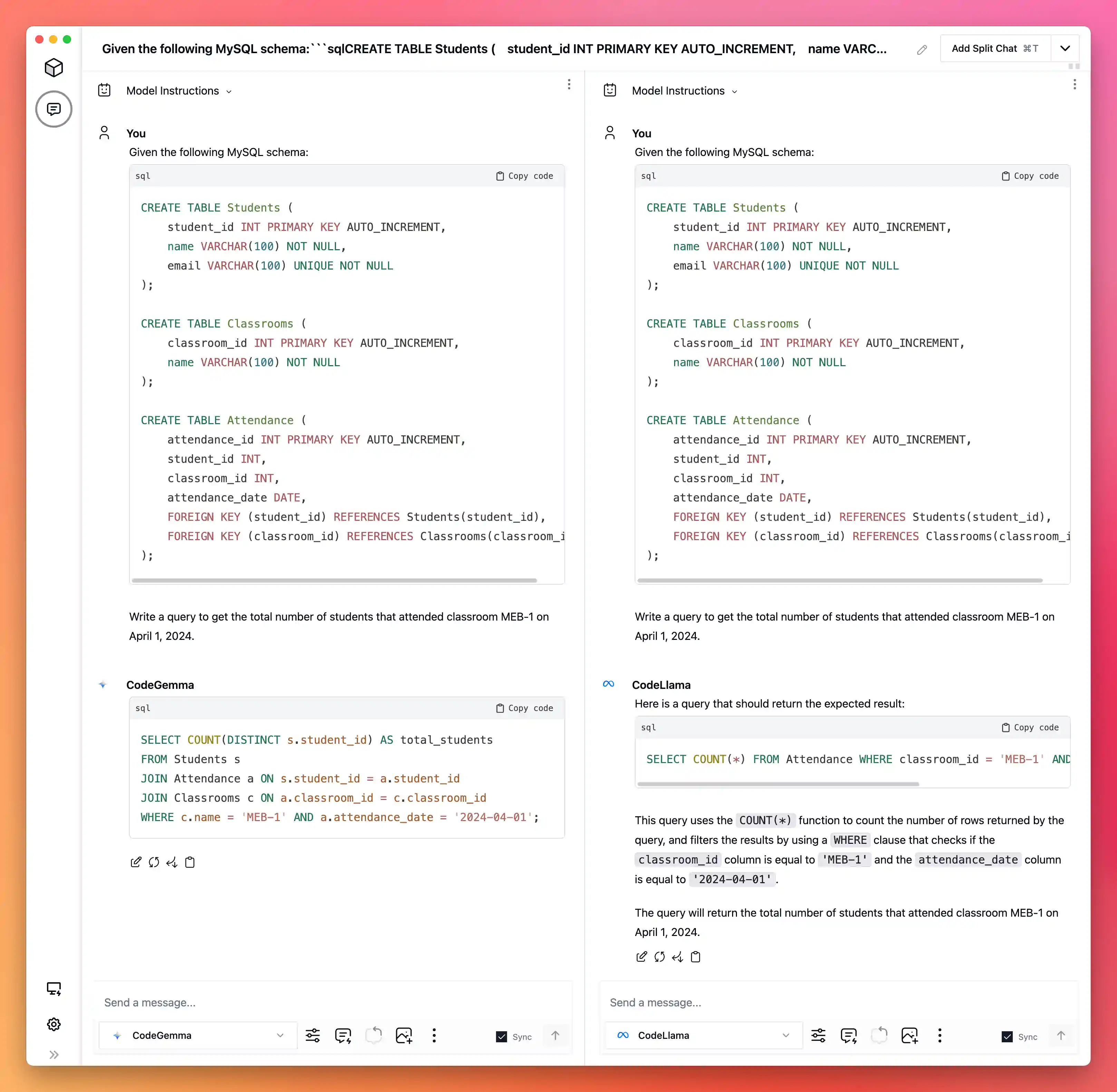 Model output comparisons for CodeGemma and CodeLlama