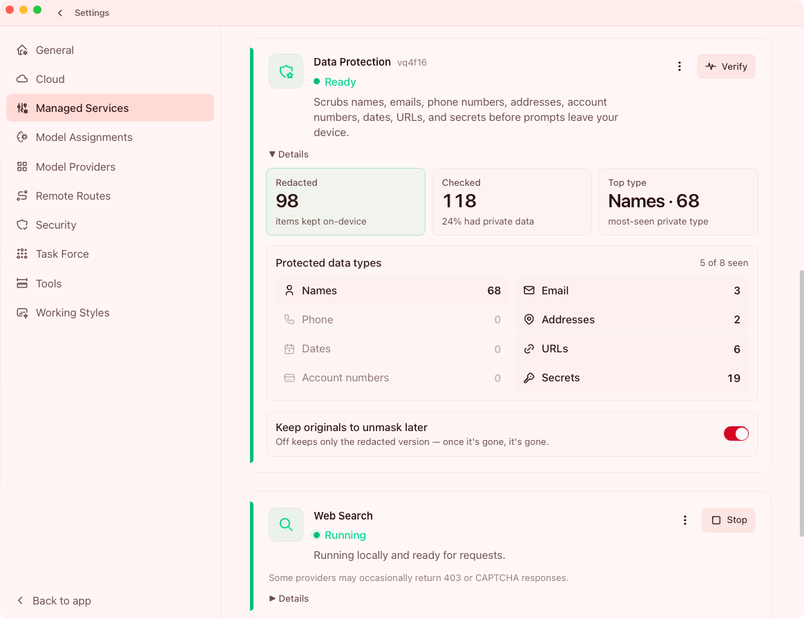 Msty Claw Data Protection settings showing 98 items redacted, protected data types including names, emails, URLs, and secrets