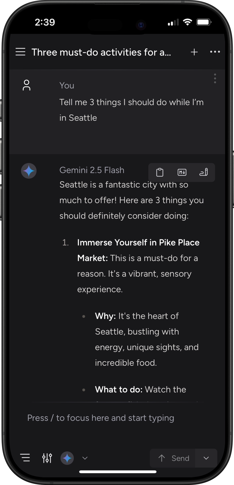 Dark mode phone image showing Msty Studio mobile interface with chat and AI tools