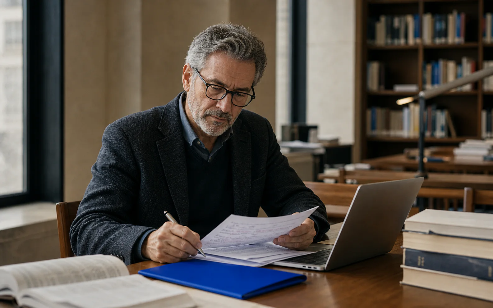 A professor reviewing research notes beside a laptop in a library