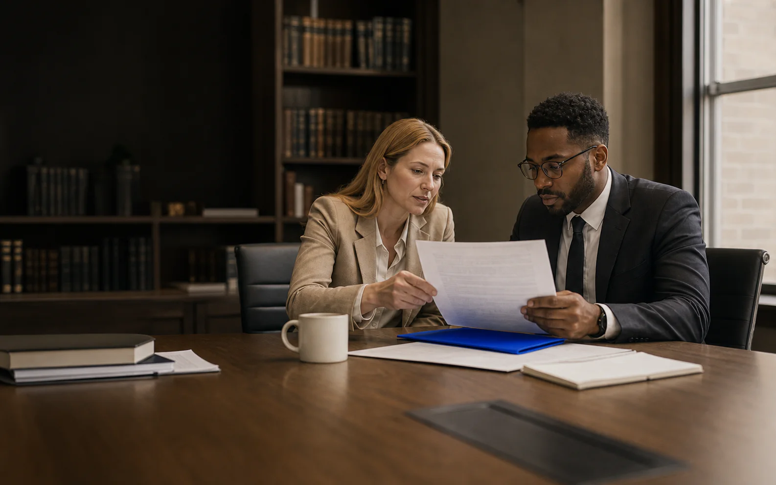 Legal professionals reviewing a document together in a law office