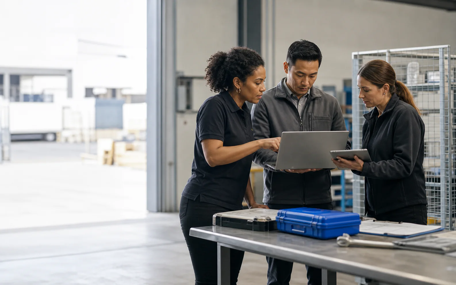 An operations team reviewing a workflow on a laptop and tablet
