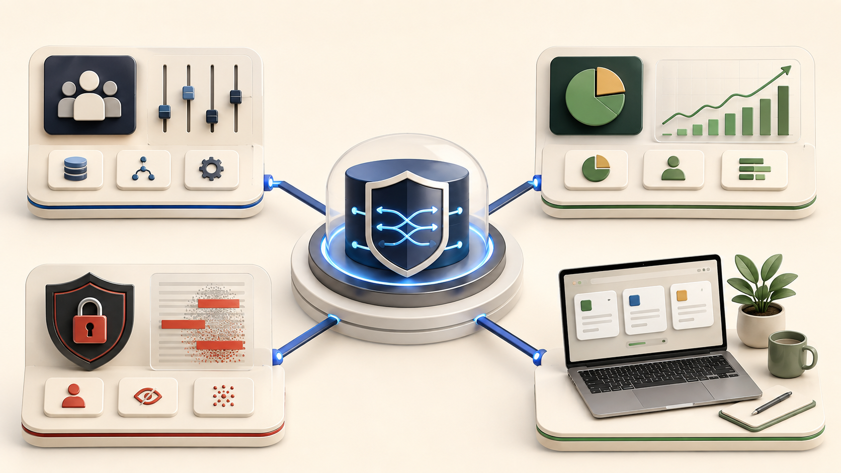 Illustration of a central governed AI routing hub distributing benefits to administrators, executives, information security, and end users.